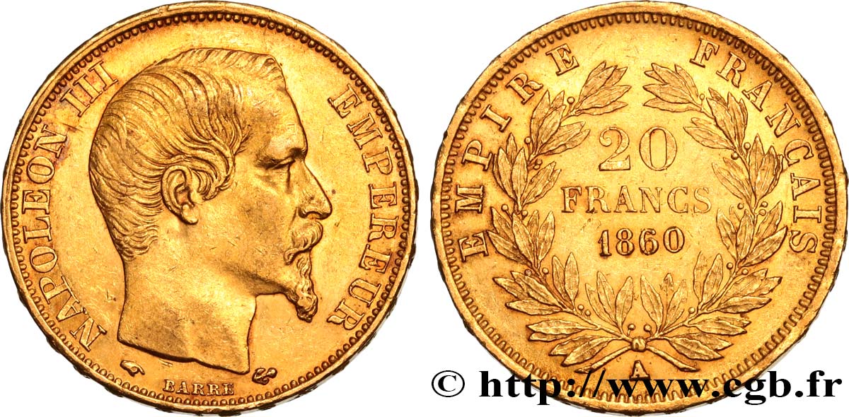 20 francs or Napoléon III, tête nue 1860 Paris F.531/17 SS52 