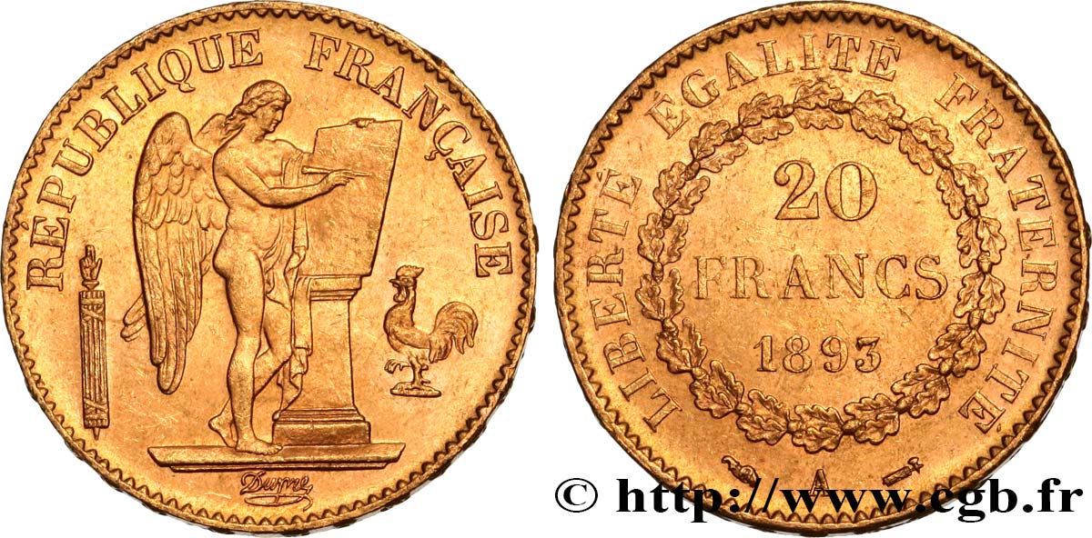 20 francs or Génie, Troisième République 1893 Paris F.533/17 VZ58 