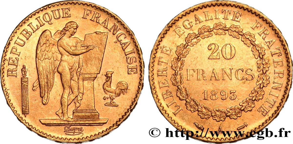 20 francs or Génie, Troisième République 1893 Paris F.533/17 EBC58 