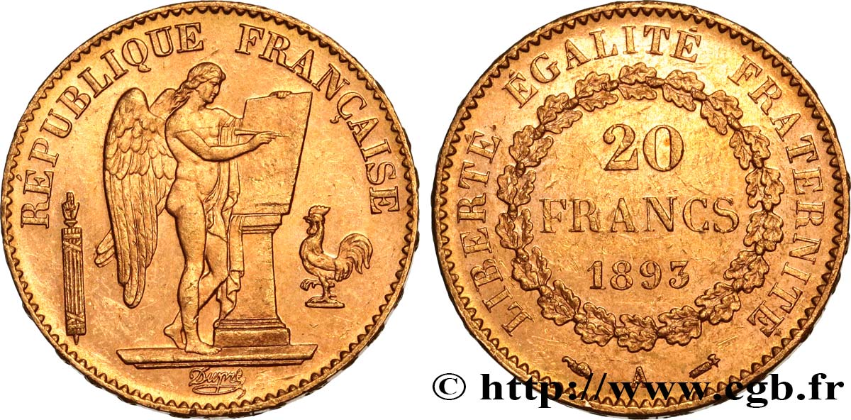 20 francs or Génie, Troisième République 1893 Paris F.533/17 SPL55 