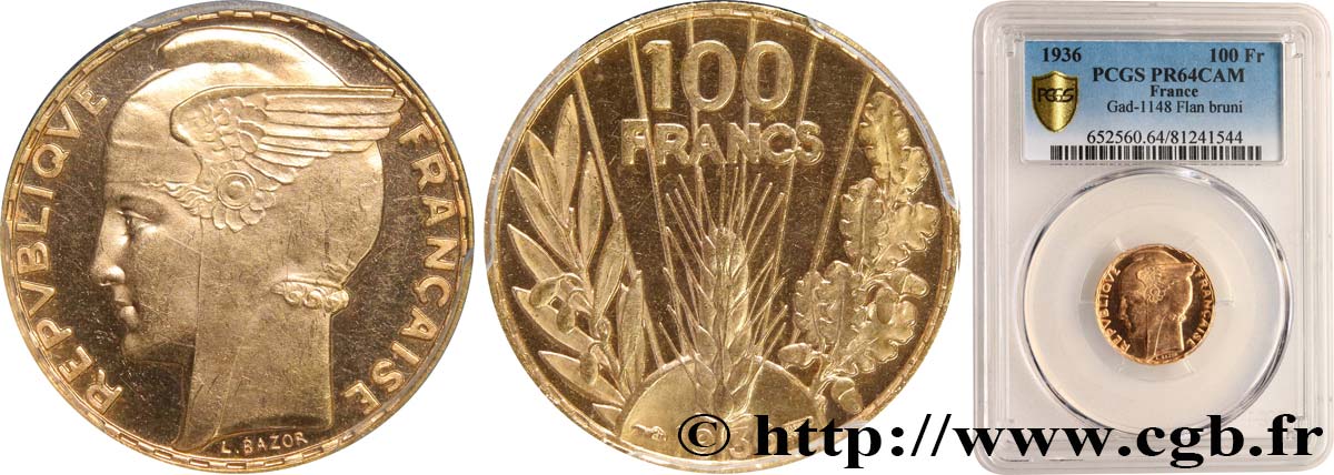 100 francs or, Bazor, flan bruni 1936  F.554/8 var. MS64 PCGS