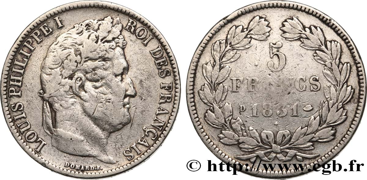 5 francs Ier type Domard, tranche en creux 1831 Lyon F.319/2 B+ 