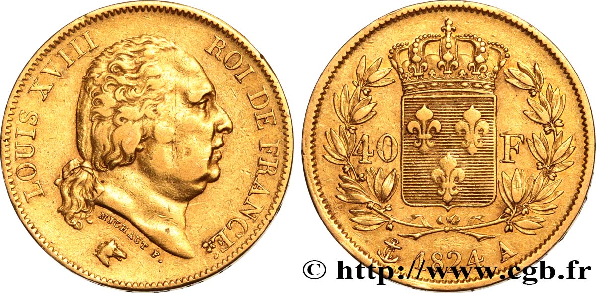 40 francs or Louis XVIII 1824 Paris F.542/15 XF40 