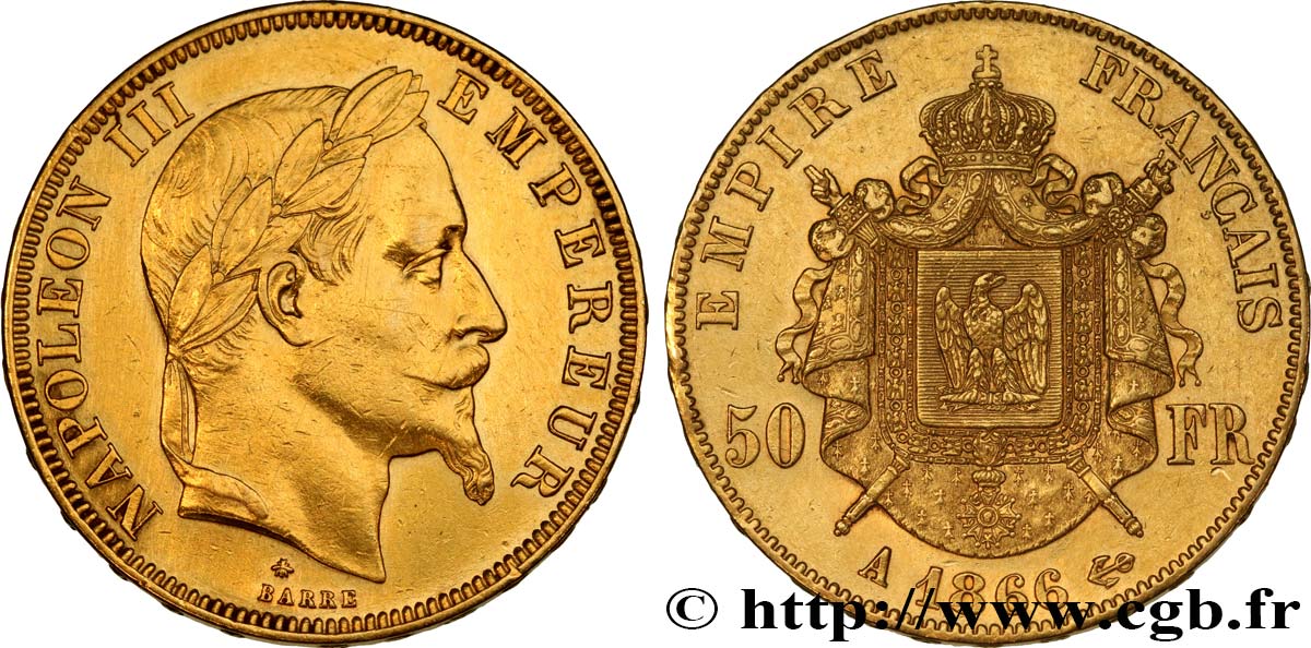 50 francs or Napoléon III, tête laurée 1866 Paris F.548/6 TTB 