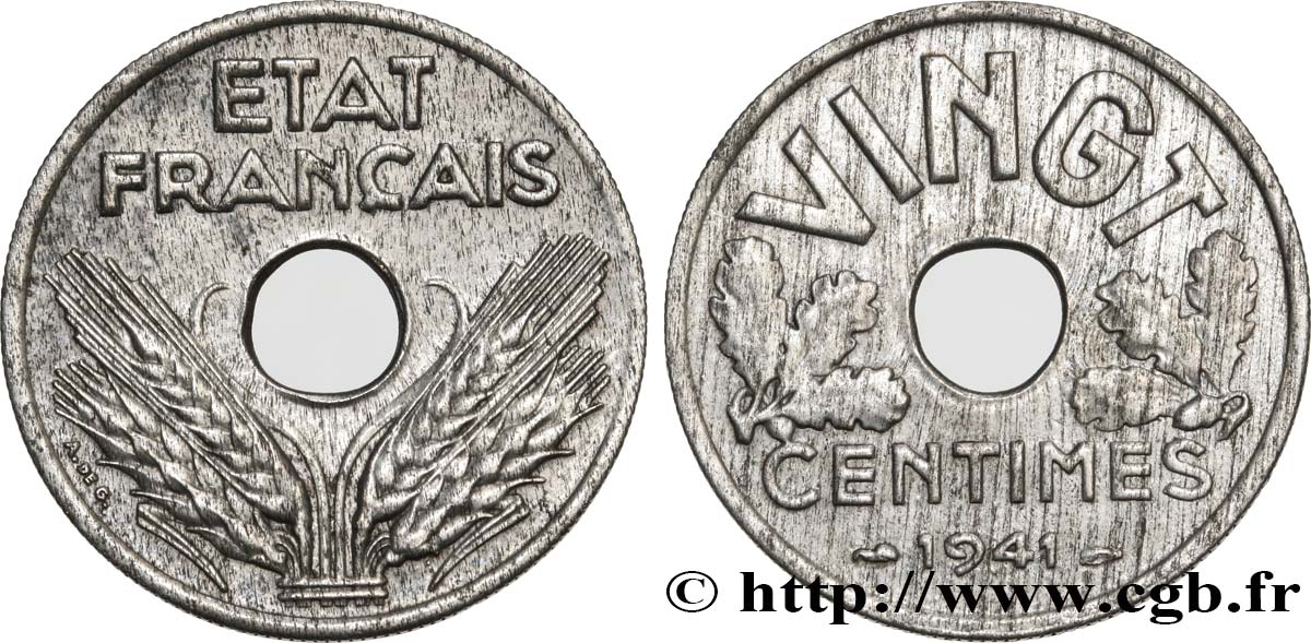 VINGT centimes État français 1941  F.152/2 XF 