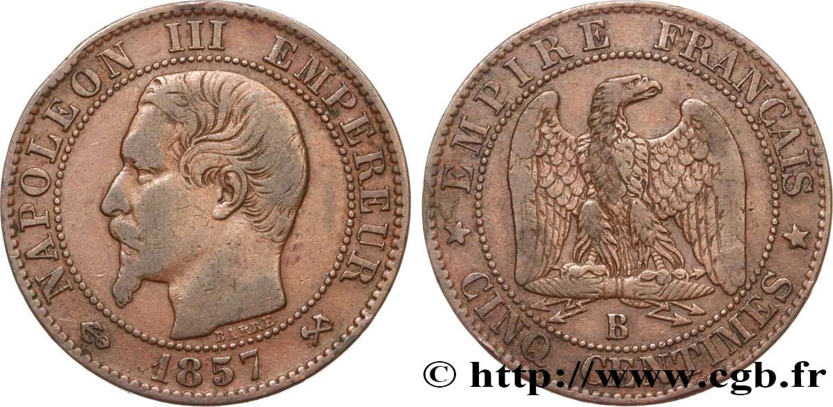 Cinq centimes Napoléon III, tête nue 1857 Rouen F.116/38 TB25 