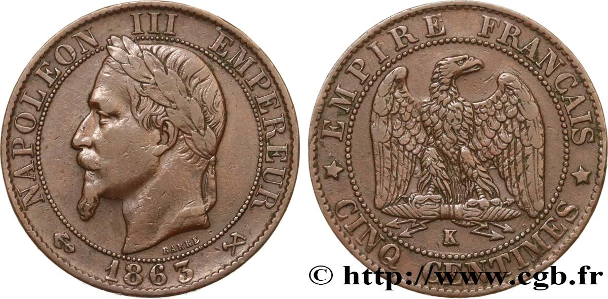 Cinq centimes Napoléon III, tête laurée 1863 Bordeaux F.117/12 BC35 