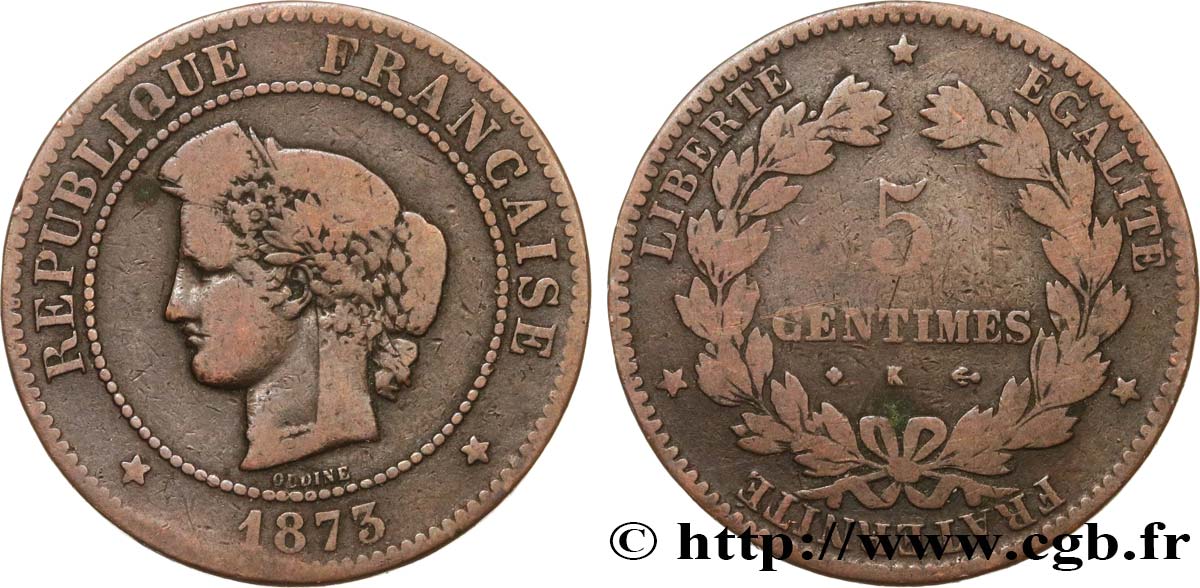 5 centimes Cérès 1873 Bordeaux F.118/8 BC15 