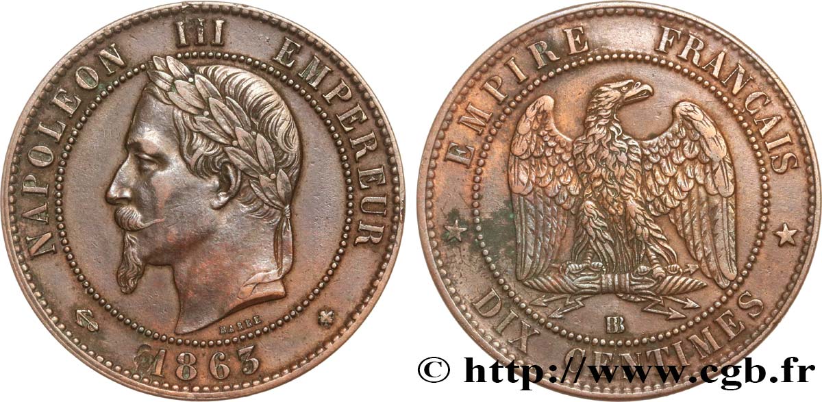 Dix centimes Napoléon III, tête laurée 1863 Strasbourg F.134/11 TTB48 
