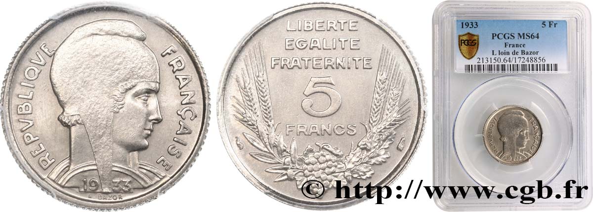 5 francs Bazor 1933  F.335/2 SPL64 PCGS