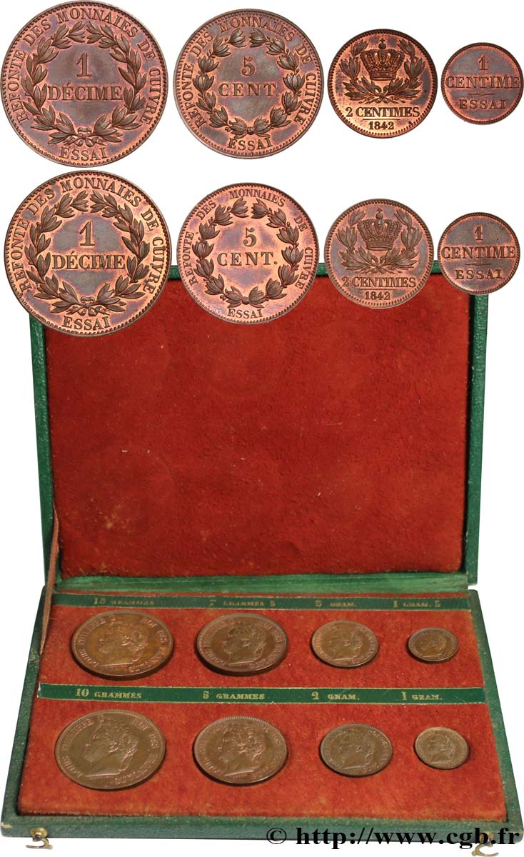 Boîte contenant huit essais, refonte des monnaies de cuivre n.d.  VG.2915 a fST/ST 