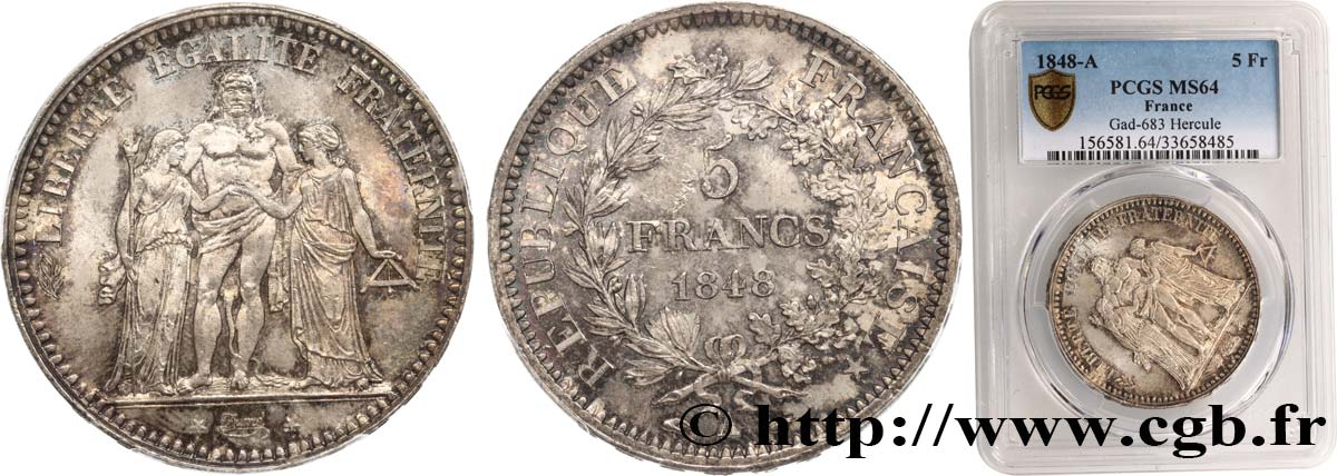 5 francs Hercule, IIe République 1848 Paris F.326/1 MS64 PCGS