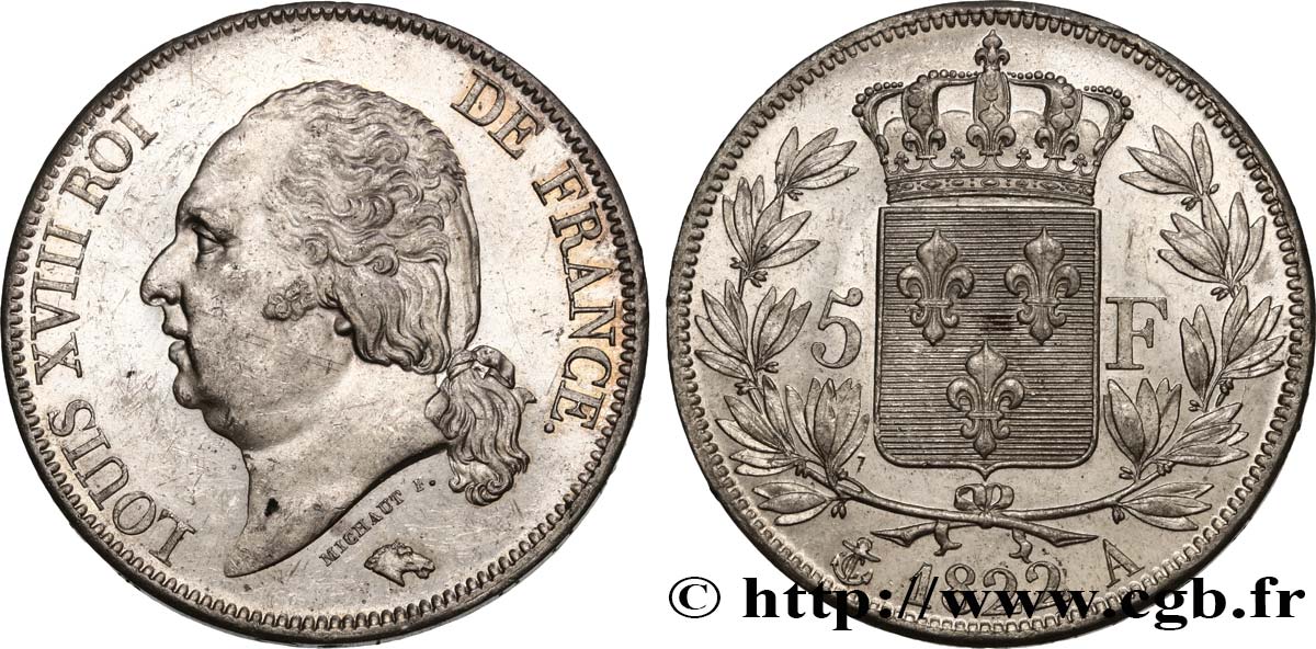 5 francs Louis XVIII, tête nue 1822 Paris F.309/68 SPL60 