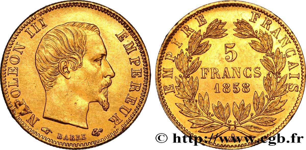 5 francs or Napoléon III, tête nue, grand module 1858 Paris F.501/5 EBC 