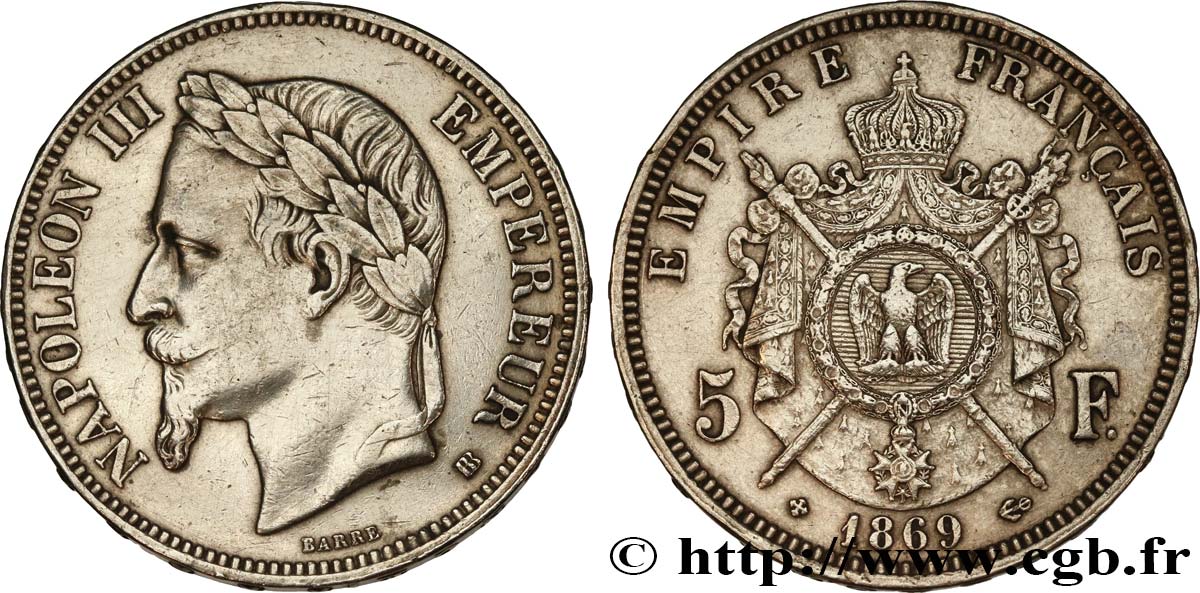 5 francs Napoléon III, tête laurée 1869 Strasbourg F.331/15 XF 