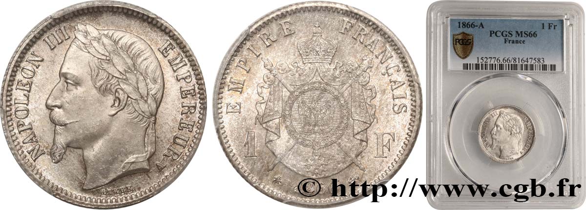 1 franc Napoléon III, tête laurée 1866 Paris F.215/3 ST66 PCGS