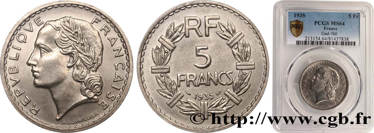 5 francs Lavrillier, nickel 1935  F.336/4 SPL64 PCGS