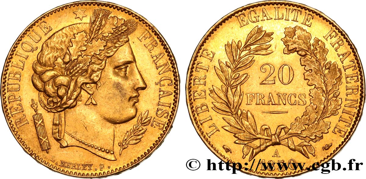 20 francs or Cérès 1850 Paris F.529/3 MS60 