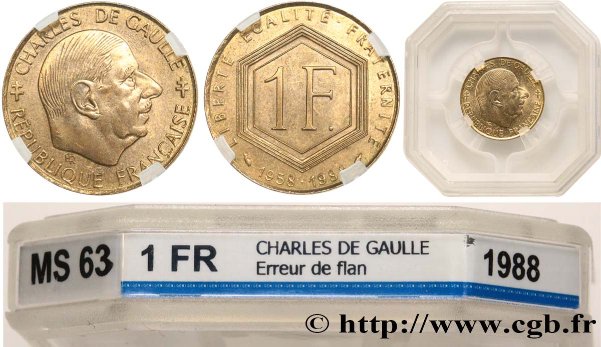 1 franc De Gaulle sur flan de 20 centimes Marianne 1988  F.227/2 var. fST63 GENI
