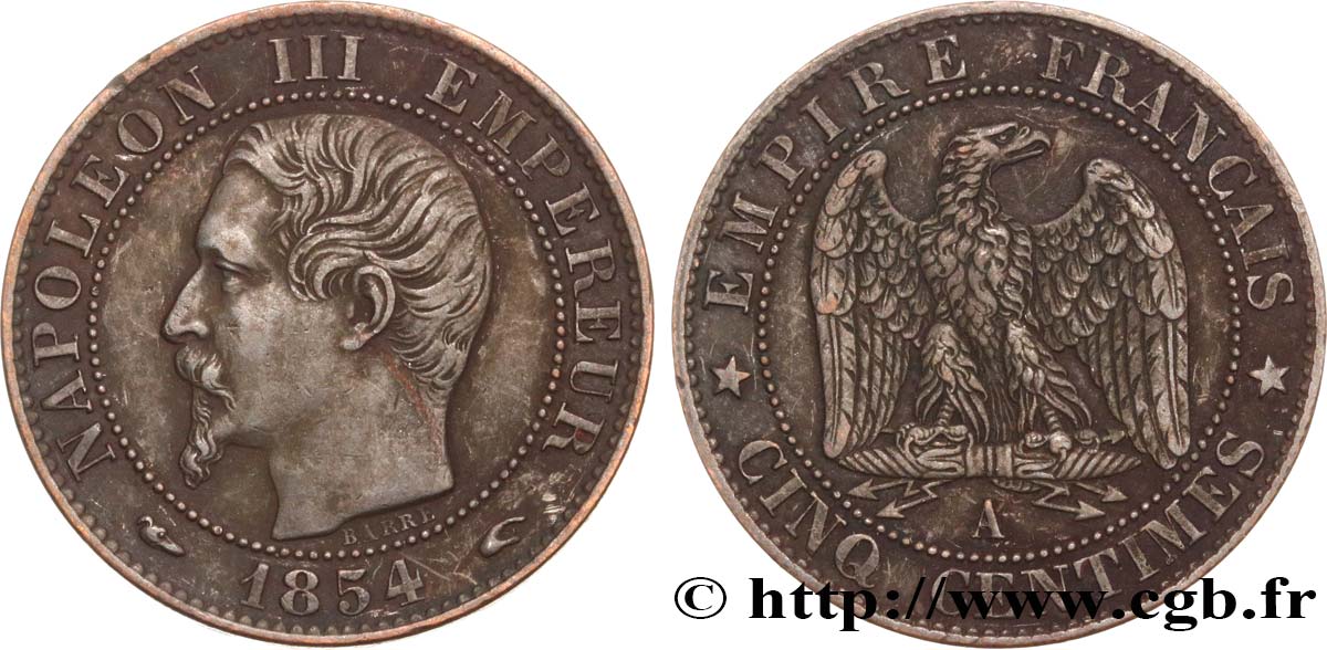 Cinq centimes Napoléon III, tête nue 1854 Paris F.116/8 MBC48 