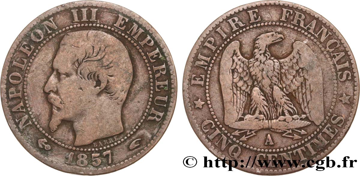 Cinq centimes Napoléon III, tête nue 1857 Paris F.116/37 VF20 