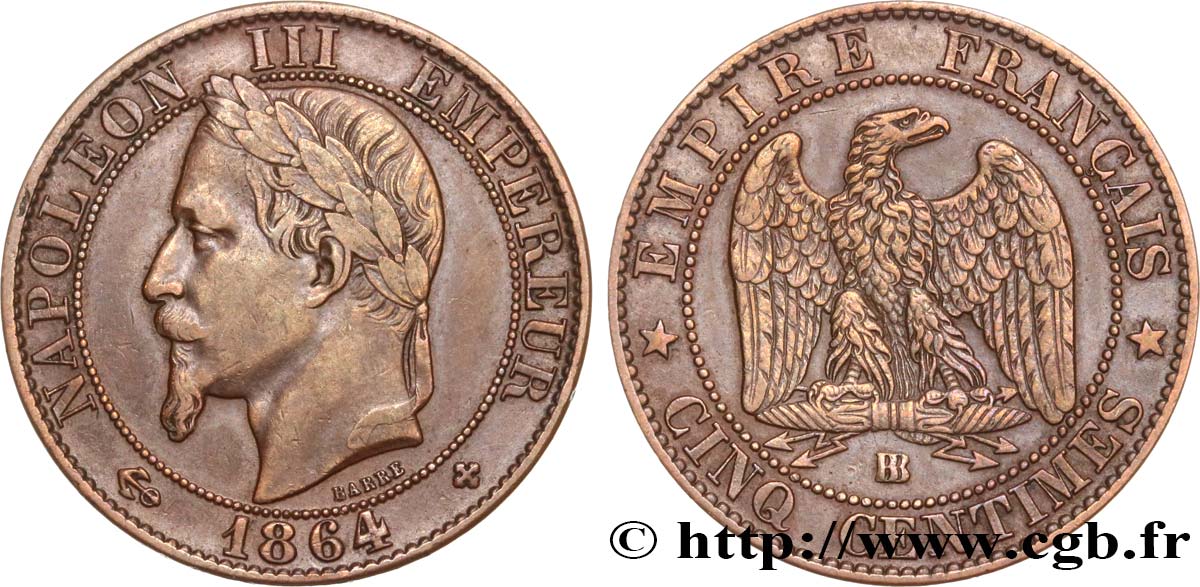 Cinq centimes Napoléon III, tête laurée 1864 Strasbourg F.117/14 TTB45 