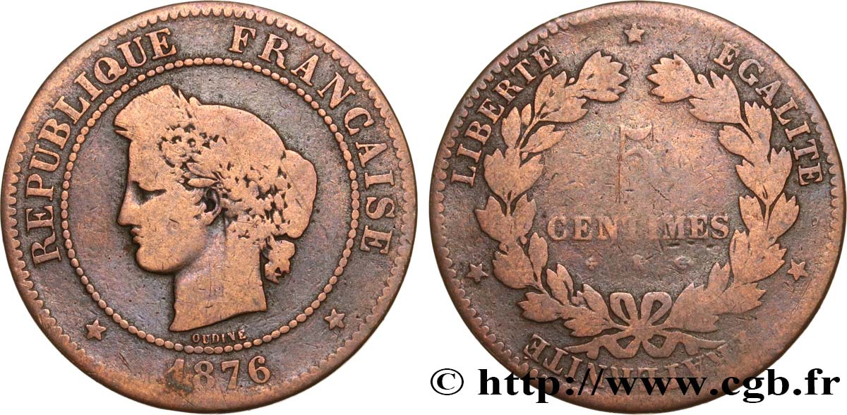 5 centimes Cérès 1876 Bordeaux F.118/14 VG10 