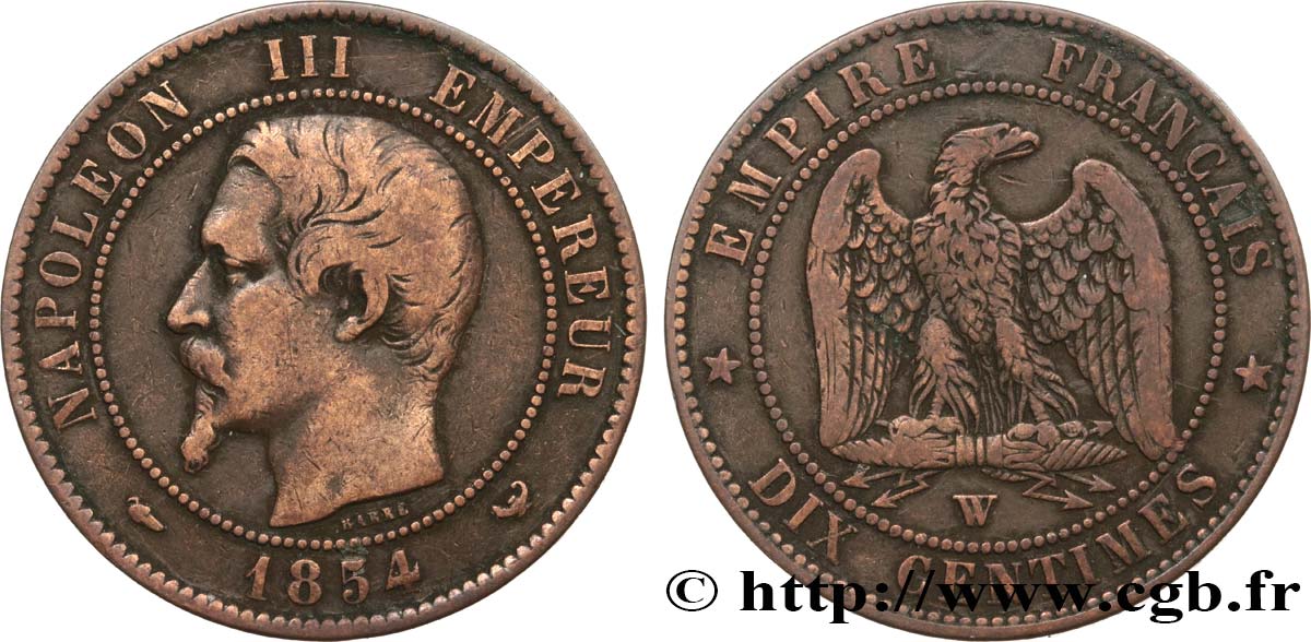 Dix centimes Napoléon III, tête nue 1854 Lille F.133/18 MB25 