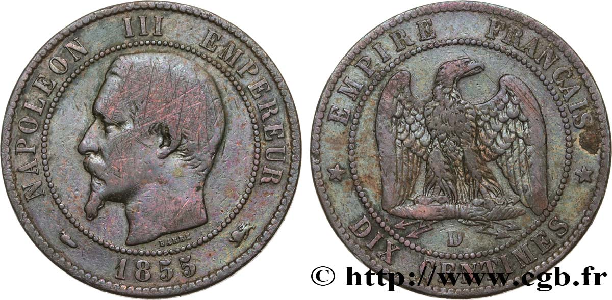 Dix centimes Napoléon III, tête nue 1855 Lyon F.133/25 B+ 