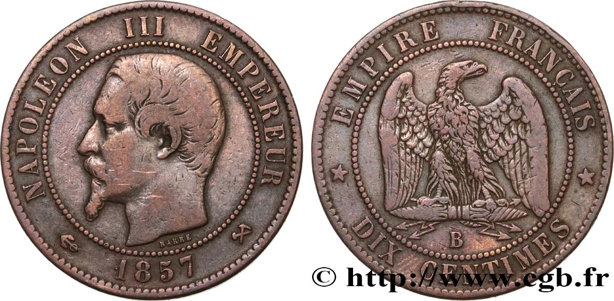 Dix centimes Napoléon III, tête nue 1857 Rouen F.133/42 BC25 
