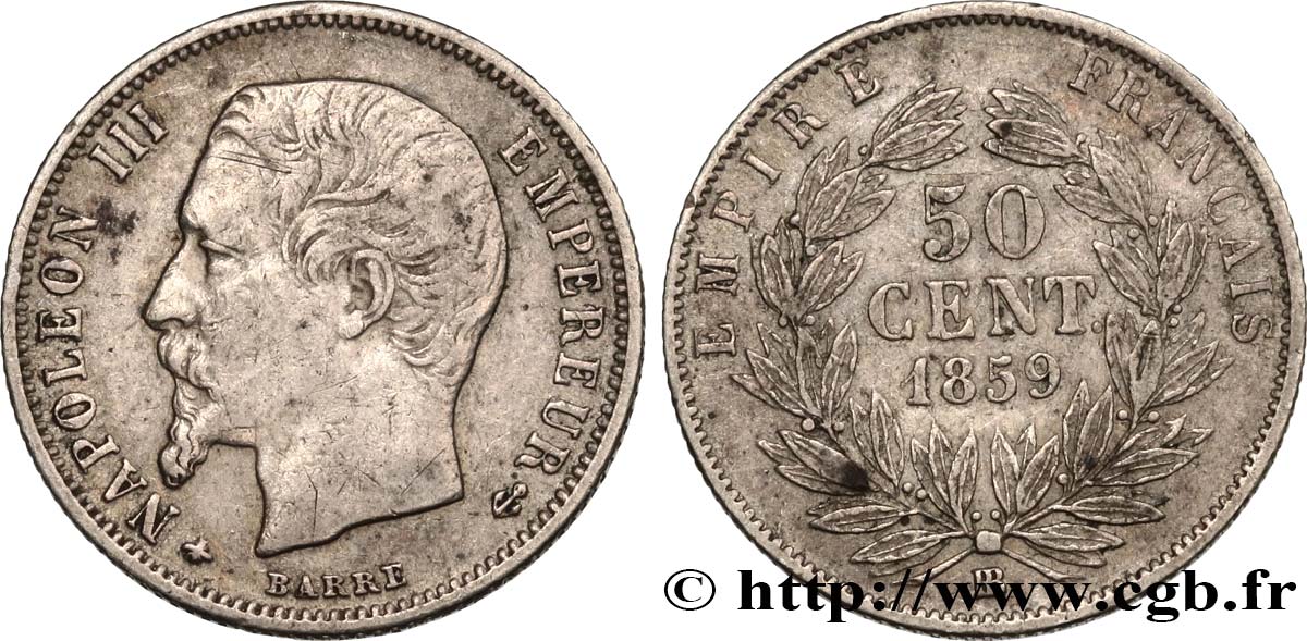 50 centimes Napoléon III, tête nue 1859 Strasbourg F.187/11 TB35 