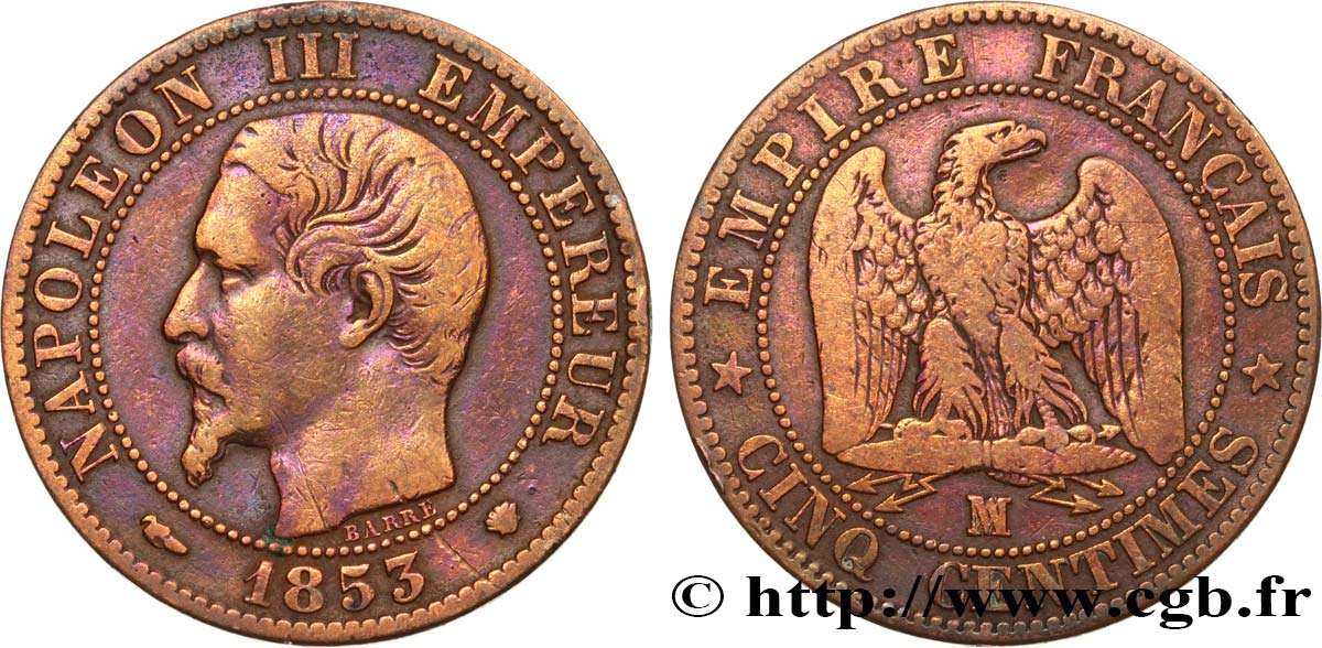 Cinq centimes Napoléon III, tête nue 1853 Marseille F.116/6 S20 