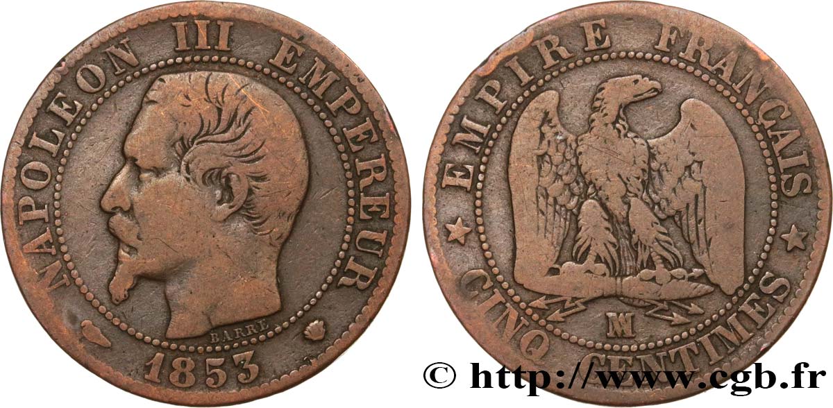Cinq centimes Napoléon III, tête nue 1853 Marseille F.116/6 F15 