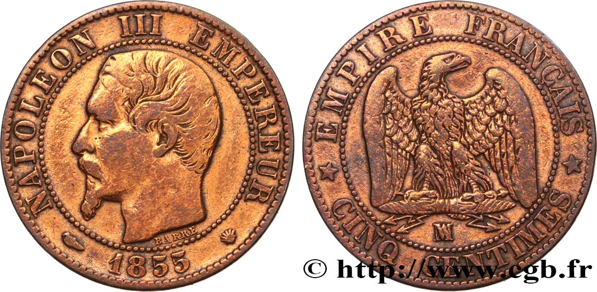 Cinq centimes Napoléon III, tête nue 1855 Marseille F.116/26 BC 