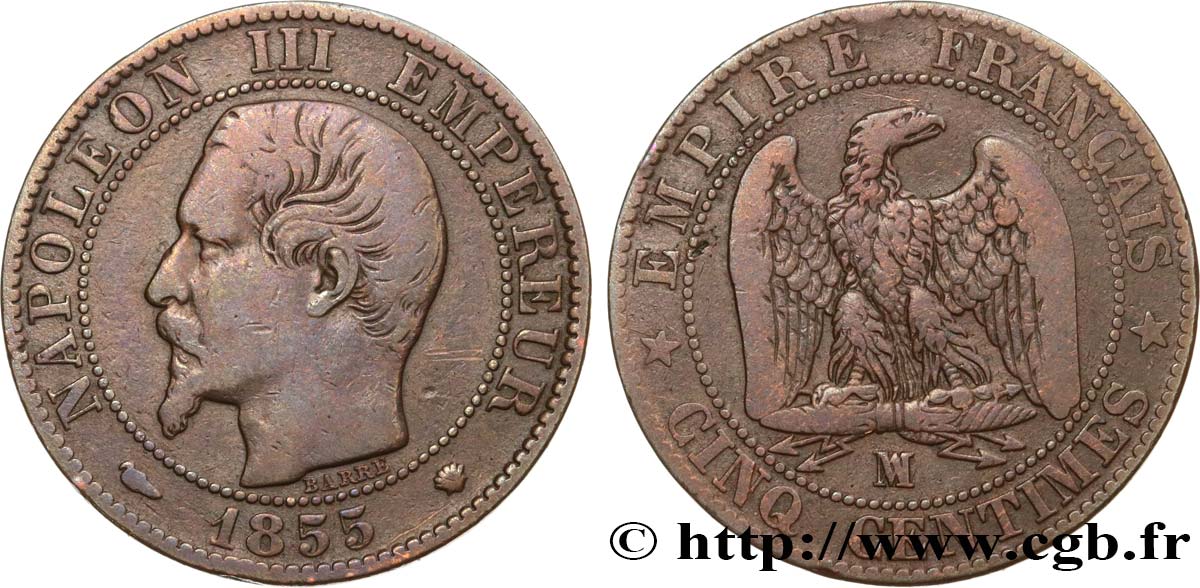 Cinq centimes Napoléon III, tête nue 1855 Marseille F.116/26 TB20 