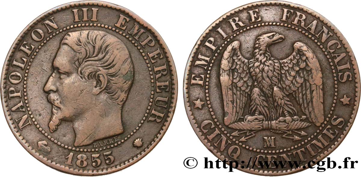 Cinq centimes Napoléon III, tête nue 1855 Marseille F.116/27 BC35 