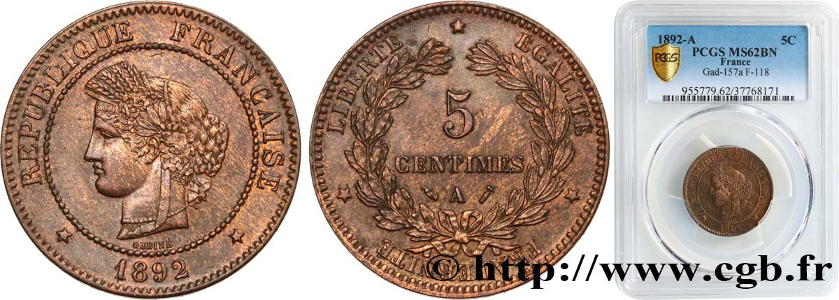 5 centimes Cérès 1892 Paris F.118/34 EBC62 PCGS