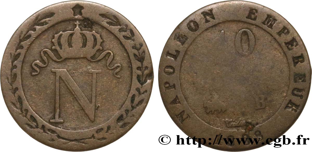 10 cent. à l&nbsp;N couronnée 1808 Rouen F.130/3 TB15 