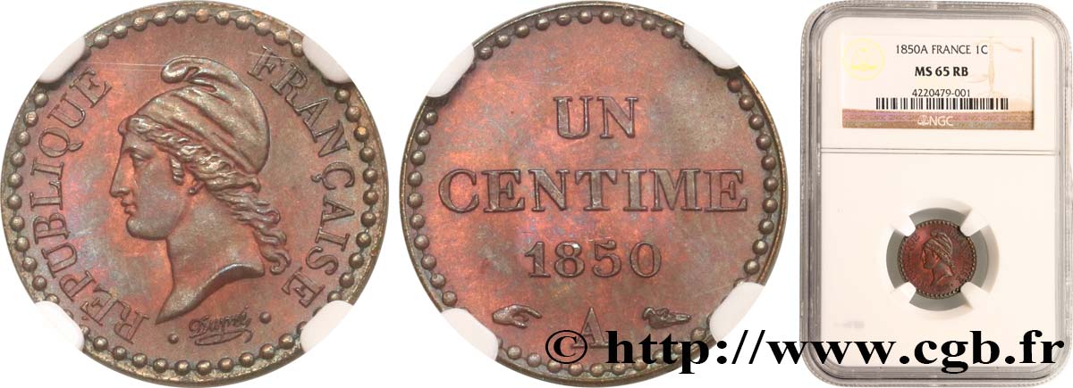 Un centime Dupré, IIe République 1850 Paris F.101/5 ST65 NGC