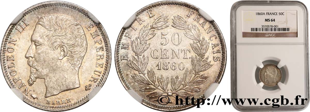 50 centimes Napoléon III, tête nue 1860 Paris F.187/13 MS64 NGC