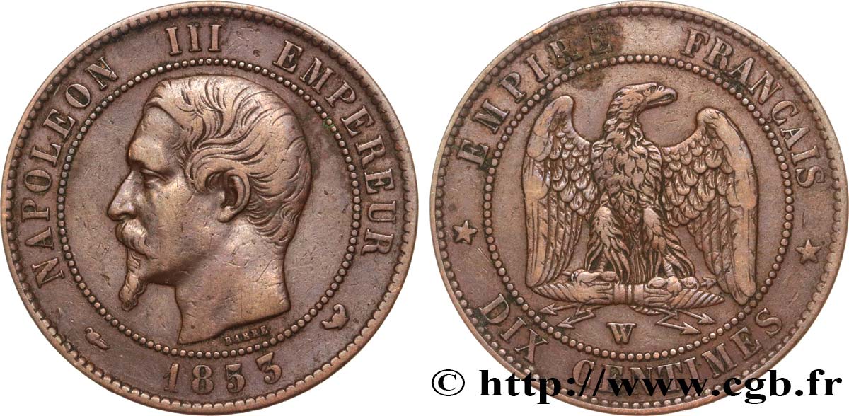 Dix centimes Napoléon III, tête nue 1853 Lille F.133/10 VF35 