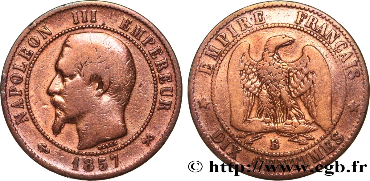 Dix centimes Napoléon III, tête nue 1857 Rouen F.133/42 VG 