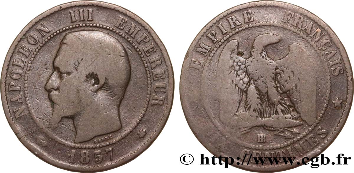 Dix centimes Napoléon III, tête nue 1857 Strasbourg F.133/43 VG10 