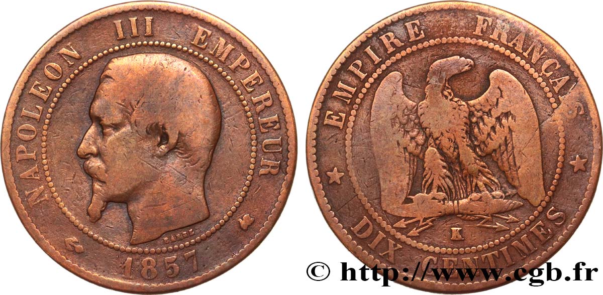 Dix centimes Napoléon III, tête nue 1857 Bordeaux F.133/44 VG10 