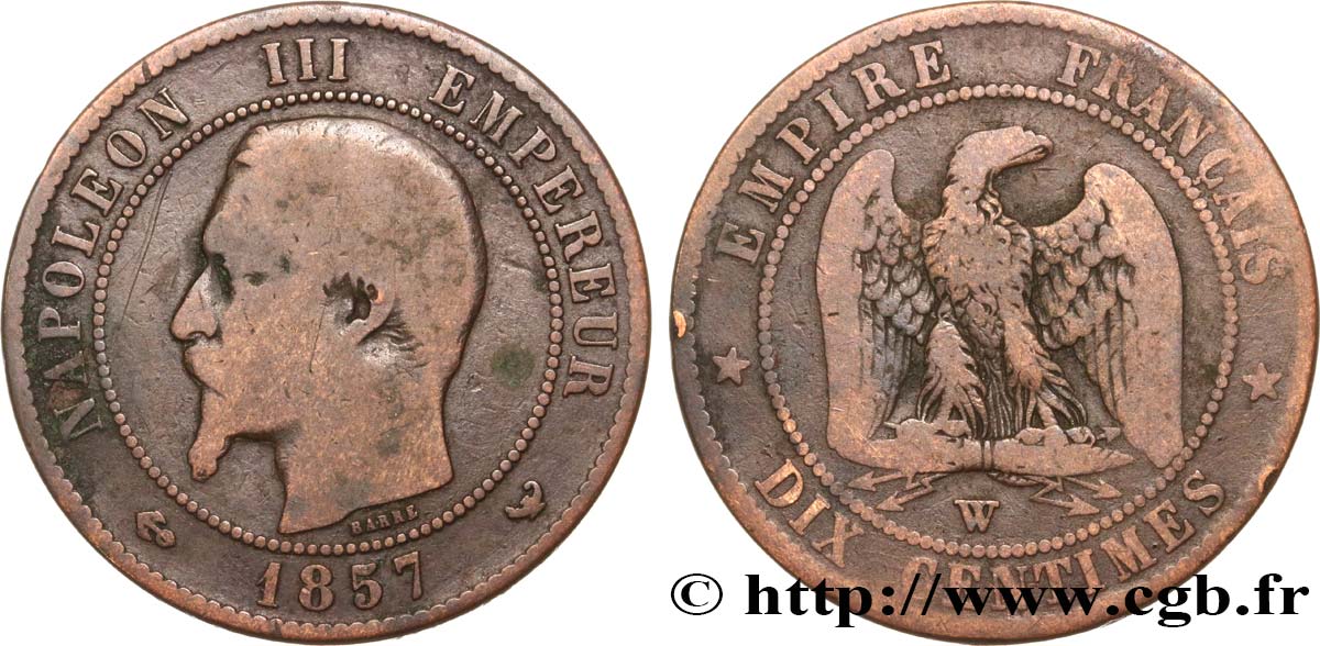 Dix centimes Napoléon III, tête nue 1857 Lille F.133/46 B12 