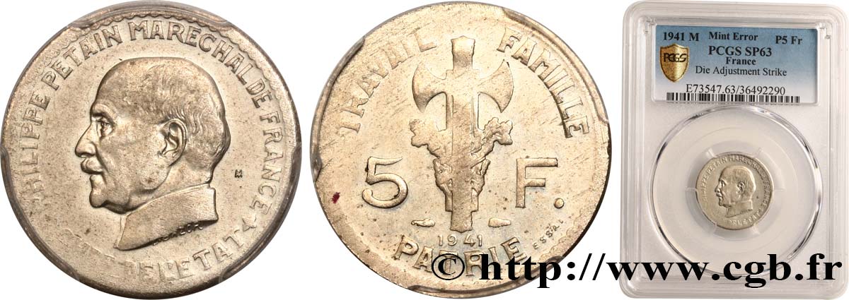 Essai de 5 francs Pétain en maillechort, 2e projet de Bazor 1941 Paris GEM.142 37 MS63 PCGS