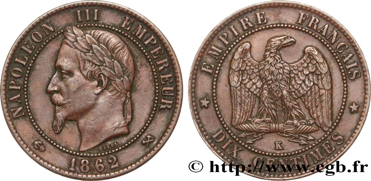 Dix centimes Napoléon III, tête laurée 1862 Bordeaux F.134/9 SS48 