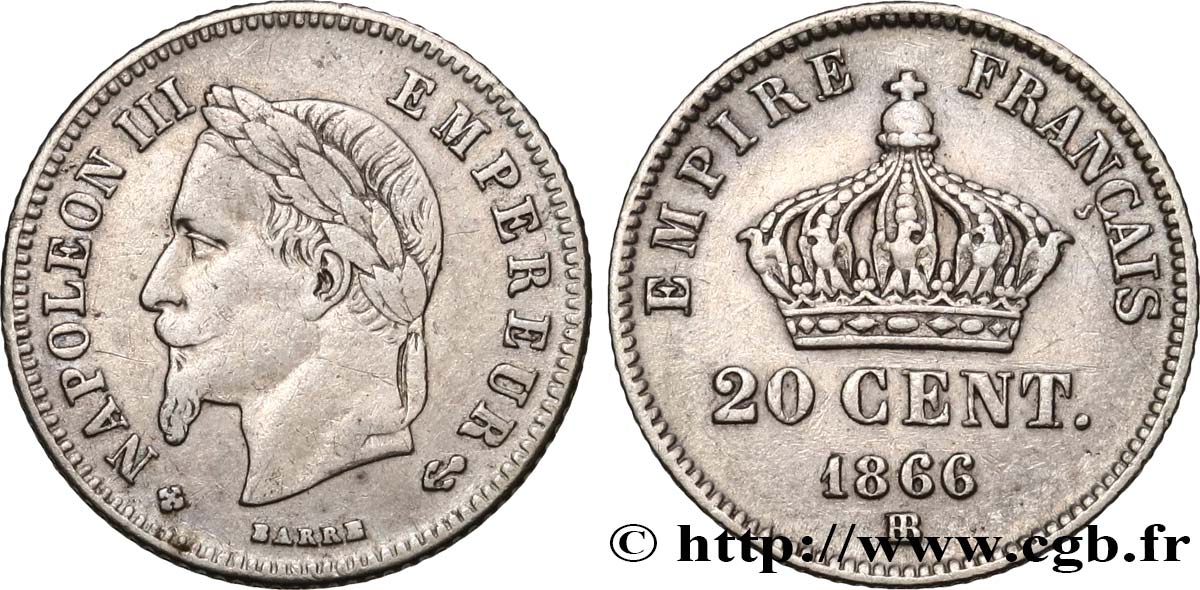 20 centimes III Napoléon tête laurée, petit module 1866 Strasbourg F.149/5 VF 