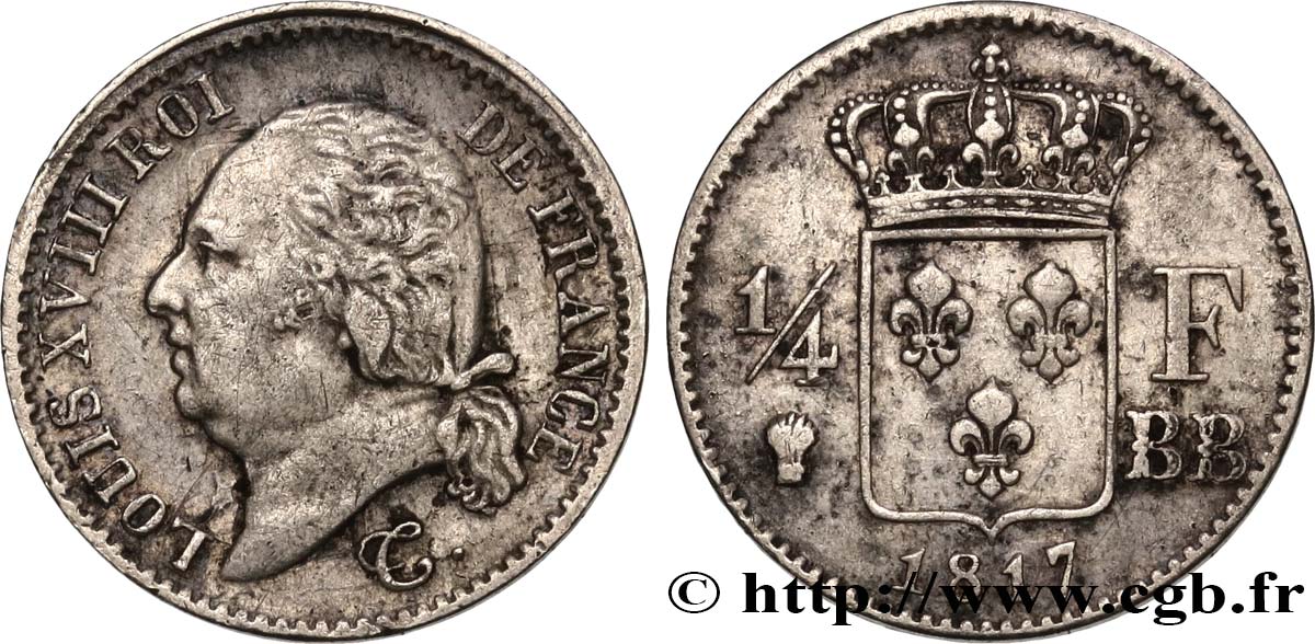 1/4 franc Louis XVIII  1817 Strasbourg F.163/3 VF 