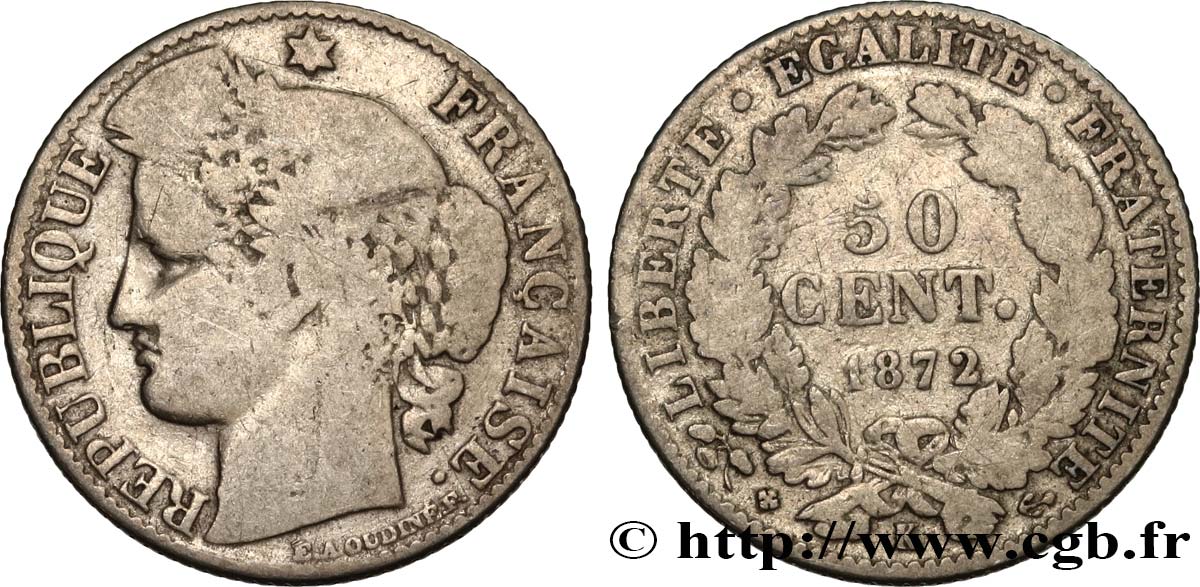 50 centimes Cérès, IIIe République 1872 Bordeaux F.189/4 B 